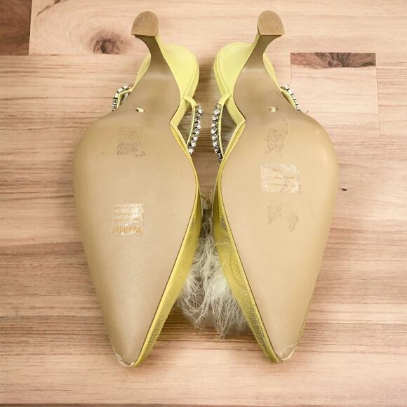 NEW RAYE Duke Heel Mesh Feather pompom Crystal Embellished Strap Pale Yellow 9.5 - Picture 10 of 10